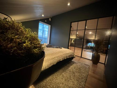 een slaapkamer met een bed en een grote potplant bij Mysig lägenhet med öppen planlösning på hästgård. in Ljung