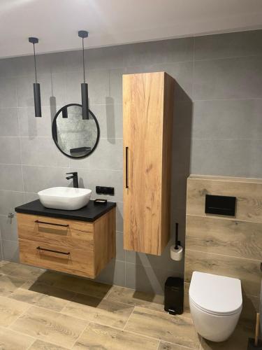 een badkamer met een wastafel, een toilet en een spiegel bij Apartament przy Browarze in Żywiec