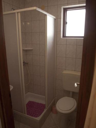 een kleine badkamer met een toilet en een douche bij Ferienwohnung für 2 Personen ca 28 qm in Vir, Dalmatien Inseln vor Zadar in Vir
