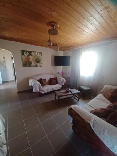 a living room with two beds and a couch at Olive holiday home in Laganas