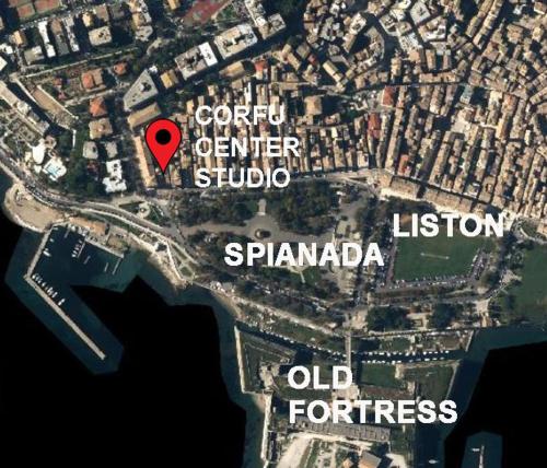 a map of a city with a red marker at CorfuCenterStudios2 in Corfu