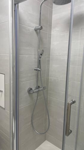 une douche avec une porte vitrée dans une salle de bain dans l'établissement Un studio de luxe Les Champs Elysées, à Paris