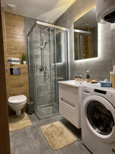 兹拉蒂博尔West Residence - Panorama lux & Spa的带淋浴和洗衣机的浴室