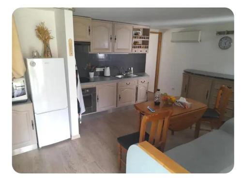 une cuisine avec une table et un réfrigérateur blanc dans l'établissement Tetyana, à Avignon