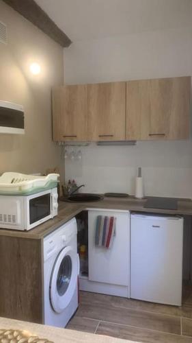 une cuisine avec un lave-linge et un micro-ondes dans l'établissement Grands Buffets hébergement Studio Narbonne, à Narbonne