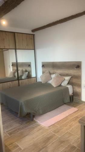 une chambre avec un grand lit avec un grand miroir dans l'établissement Grands Buffets hébergement Studio Narbonne, à Narbonne