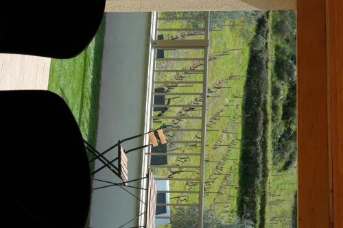 una vista su una finestra con vista su un campo di Quinta de Gandarem a Torre de Moncorvo