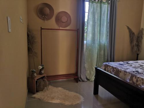 1 dormitorio con cama, ventana y alfombra en Areito Vintage, en Enriquillo