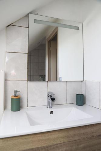 een badkamer met een wastafel en een grote spiegel bij Maison - 3 chambres - Jardin in Huisseau-sur-Cosson