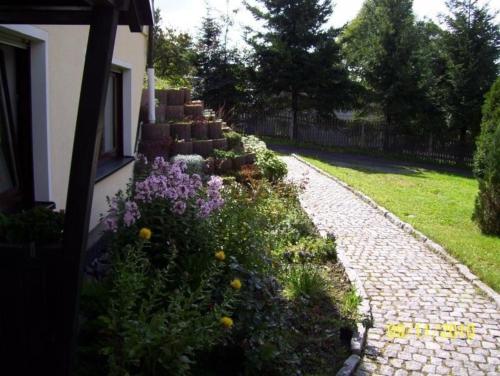 - un jardin avec des fleurs violettes à côté d'une maison dans l'établissement Ferienwohnung für 2 Personen ca 55 qm in Frauenwald am Rennsteig, Thüringen Rennsteig, à Ilmenau