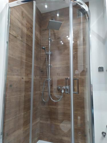a shower in a bathroom with a wooden wall at Stary Ratusz in Olsztyn