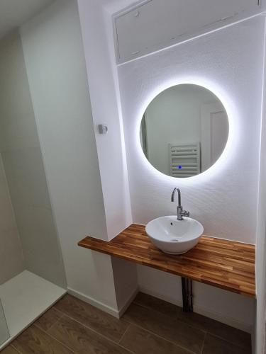 une salle de bain avec un lavabo et un miroir dans l'établissement Le clos tranquille, à Blois