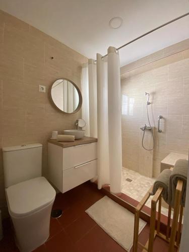 a bathroom with a toilet and a shower with a mirror at ARENA & MAR in El Campello