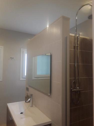 a bathroom with a sink and a mirror and a shower at Casa Laure y Mª José in Arens de Lledó