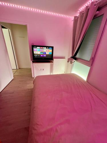 Schlafzimmer mit einem rosa Bett und einem Flachbild-TV in der Unterkunft Chambre à louer avec salle de bain privative in Carrières-sous-Poissy