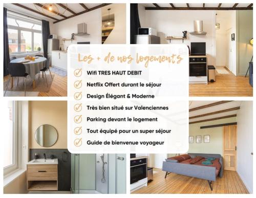 un collage de photos d'une cuisine et d'un salon dans l'établissement LE LUXUEUX - Netflix I WIFI I CENTRE - Design & Cosy, à Valenciennes