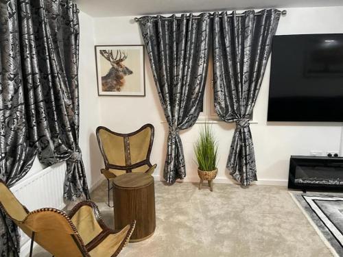 ein Wohnzimmer mit 2 Stühlen und einem TV in der Unterkunft Luxurious 4 Bed House Manor View in Wavendon