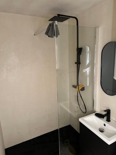 y baño con ducha y lavamanos. en Appartement vue mer, en Le Barcarès