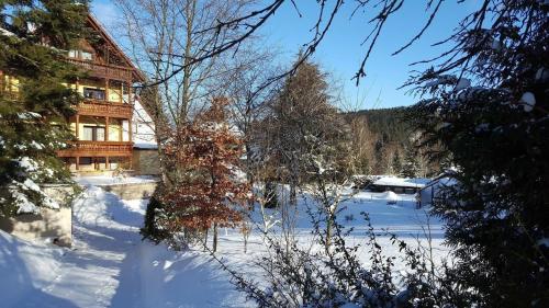 einen schneebedeckten Hof vor einem Gebäude in der Unterkunft Ferienwohnung für 6 Personen ca 100 m in Friedrichroda-Finsterbergen, Thüringen Rennsteig in Friedrichroda