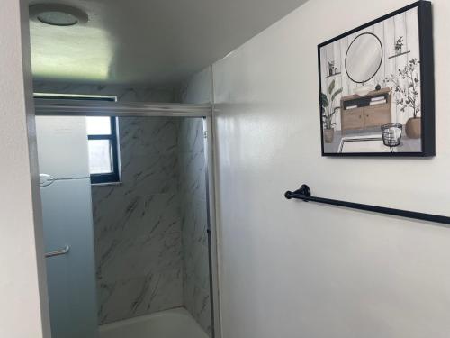 a bathroom with a shower and a picture on the wall at Your Cozy Place in West Palm Beach