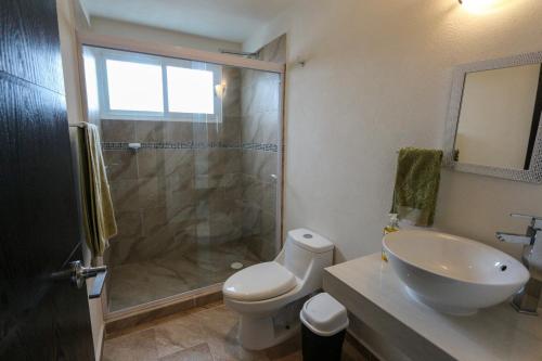 a bathroom with a shower and a toilet and a sink at Departamento Laguna Turquesa in Veracruz