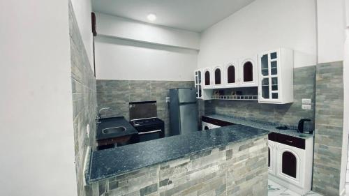 a kitchen with a refrigerator and a counter top at Sun Wing Guest House in Luxor