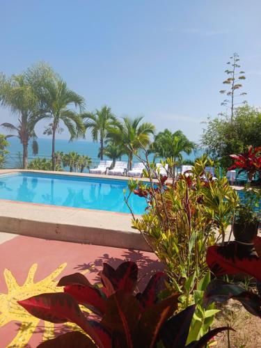 une piscine avec des palmiers et l'océan en arrière-plan dans l'établissement Relax en Aguaclara, su Castillo de Arena soñado!, à Ballenita