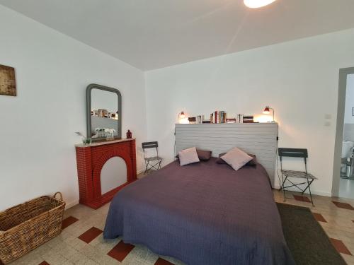1 dormitorio con 1 cama grande y espejo en Gîte Communauté de communes Brenne - Val de Creuse-Ciron, 2 pièces, 4 personnes - FR-1-591-21, en Ciron