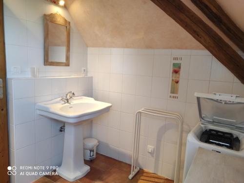 a bathroom with a sink and a toilet at Maison de caractère avec jardin privatif, terrasse, ping-pong – Proche Ferrières et Montargis - FR-1-590-40 in Lorcy
