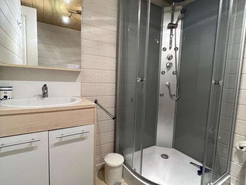 La salle de bains est pourvue d'une douche et d'un lavabo. dans l'établissement Gîte Cornimont, 2 pièces, 2 personnes - FR-1-589-17, à Cornimont