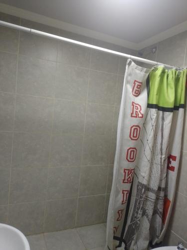 a bathroom with a shower curtain that says radioactivity at Lioren in Ushuaia