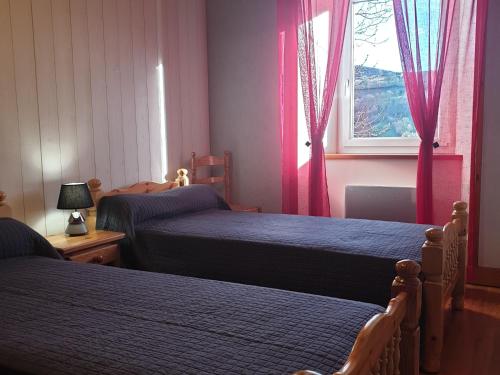 1 dormitorio con 2 camas y una ventana con cortinas rosas en Gîte Les Estables, 4 pièces, 6 personnes - FR-1-582-143, en Les Estables