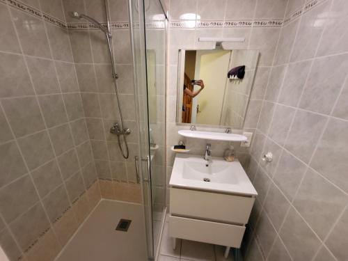 レ・サ​​ーブル・ドロンヌにあるMaison Les Sables-d'Olonne, 3 pièces, 5 personnes - FR-1-92-657の洗面台、シャワー付きの浴室の写真を撮る者
