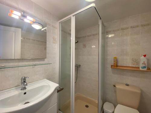 une salle de bain avec une douche, un lavabo et des toilettes dans l'établissement Appartement 1er étage proche centre-ville, plage et commerces, balcon, parking, WIFI inclus - FR-1-22-171, à La Tranche-sur-Mer