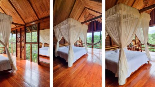 twee foto's van een slaapkamer met een hemelbed bij Sweet Home Amazon Region in Puyo