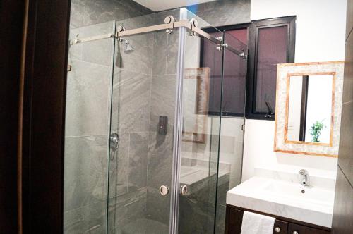 bagno con doccia in vetro e lavandino di Centro Expositor, Feria de Puebla, Estadios, Parque Puebla 2 habitaciones #2 a Puebla