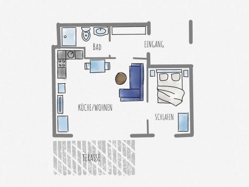 plan piętra apartamentu z sypialnią w obiekcie FeWo am Dorfteich w mieście Lemkenhafen auf Fehmarn