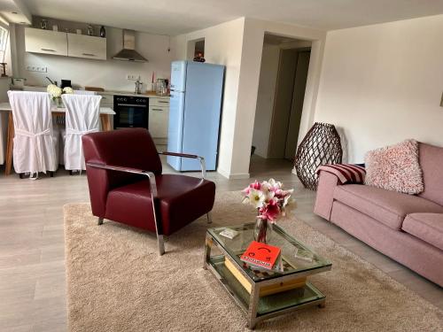 ein Wohnzimmer mit einem Sofa und einem Stuhl in der Unterkunft Charmante Ferienwohnung in ruhiger Wohnlage, 60qm in Marburg an der Lahn