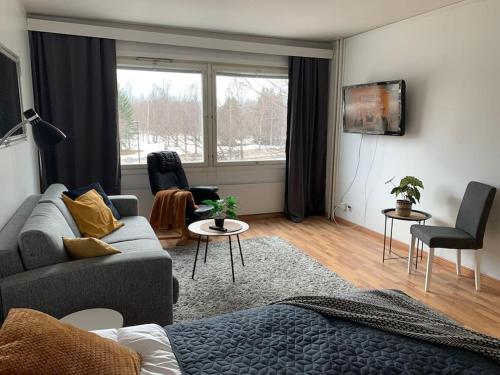 sala de estar con sofá y TV en Tyylikäs ja kodikas kaksio en Oulu