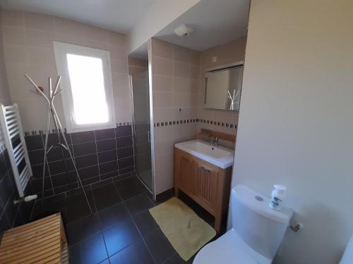 une salle de bain avec toilettes, lavabo et fenêtre dans l'établissement Jardin Privé et Terrasse - Appartement T2 à La Teste de Buch, Proche Plages et Activités - FR-1-319-424, à La Teste-de-Buch