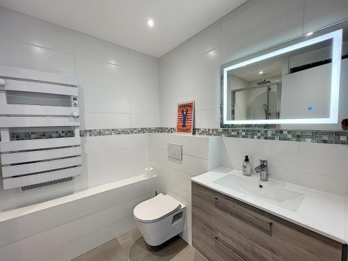 ein Badezimmer mit Toilette, Waschbecken und Spiegel in der Unterkunft Charmant T2 en front de mer, 4 pers., ascenseur, garage, Wi-Fi - FR-1-361-383 in Granville
