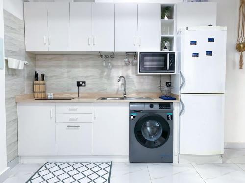 uma cozinha com uma máquina de lavar roupa e um frigorífico em Green-Hills Apartment em Kwabenya