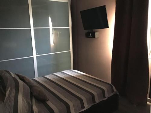 a bedroom with a bed with a tv on the wall at maison 3 chambres avec piscine in Calvi
