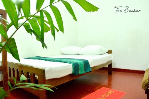 ein Bett mit zwei Kissen und einer Pflanze in einem Zimmer in der Unterkunft The Bunker in Badulla