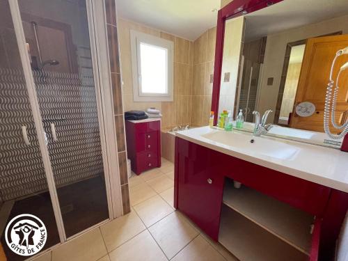uma casa de banho com um lavatório e um chuveiro em Gîte Bouin, 3 pièces, 6 personnes - FR-1-426-521 em Bouin