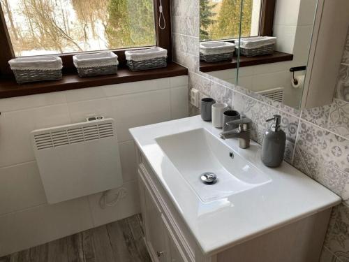 La salle de bains est pourvue d'un lavabo blanc et d'un miroir. dans l'établissement Yellow House Modern Retreat, à Český Jiřetín