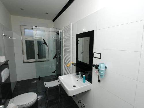 La salle de bains blanche est pourvue d'un lavabo et de toilettes. dans l'établissement Fischer 2 Modern retreat, à Zinnowitz