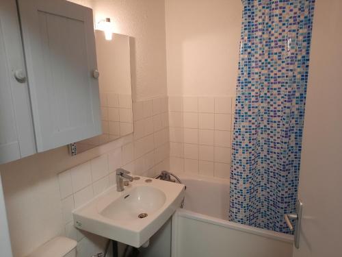 uma casa de banho com um lavatório e uma cortina de chuveiro em Appartement Seignosse, 1 pièce, 2 personnes - FR-1-239-871 em Seignosse