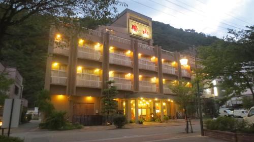 千曲市にあるホテル晴山の正面に照明がある大きな建物