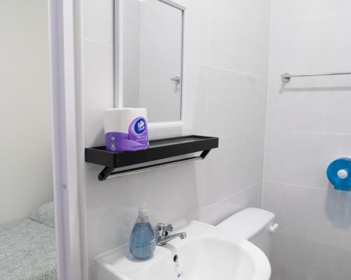 a bathroom with a sink and a mirror and a toilet at Miami Beach Hotel in Batu Ferringhi